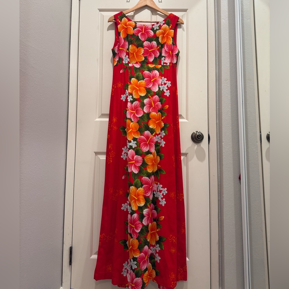Ui Maikai Hawaiian Bark Cloth Maxi Dress Tiki Aloha Hibiscus S